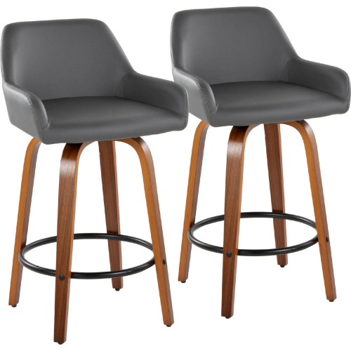 Daniella 26" Swivel Counter Stool in Walnut Wood & Grey Leatherette w/ Black Footrest (Set of 2)